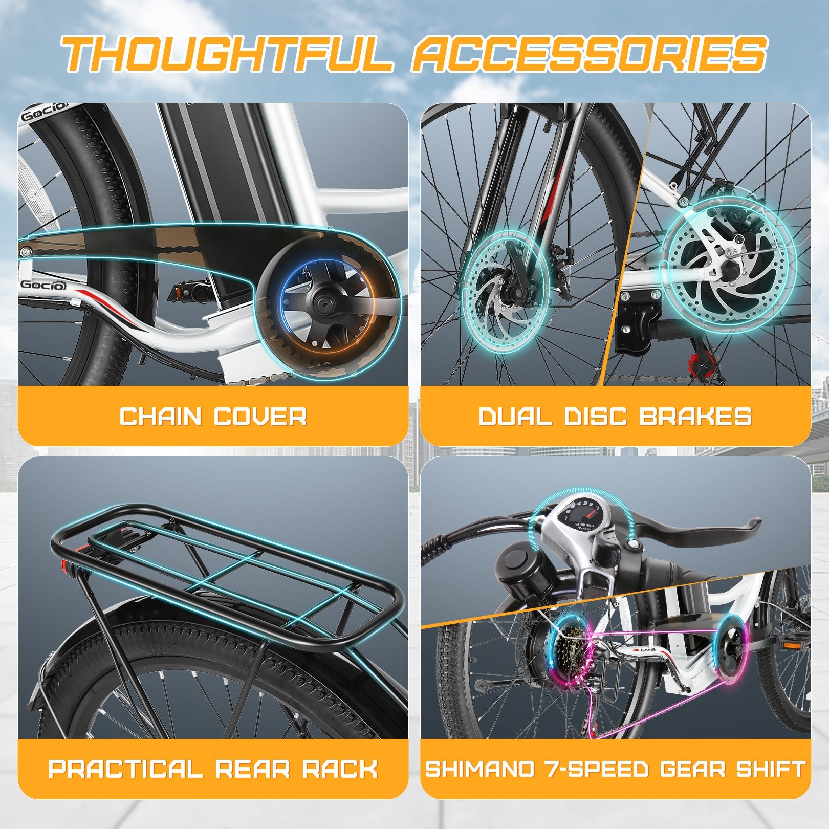 Gocio 26 in. Electric Bicycle 500W Electric Hybrid Bike, 48V Adjustable City Ebike for Adults, Suspension Fork, Max 19.8MPH, 7 Speed Gears Electric Commuter Bike for Men and Women, UL2849 - GOCIO