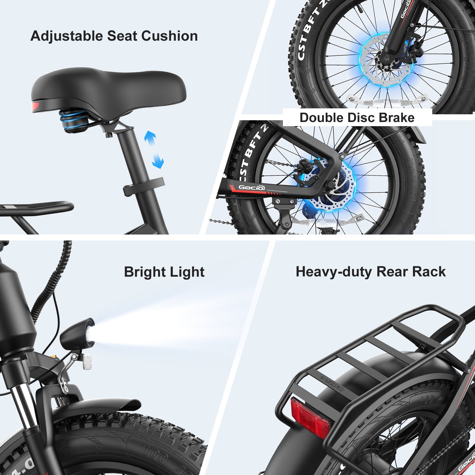 Gocio Electric Bike for Adults, Peak 1025W Mountain E Bike, 48V 13AH Removable Lithium-Ion Battery Ebikes, 20"x4.0" Fat Tire Electric Bicycles, 3A Fast Charge, up to 60 Miles Man Woman UL2849 - GOCIO
