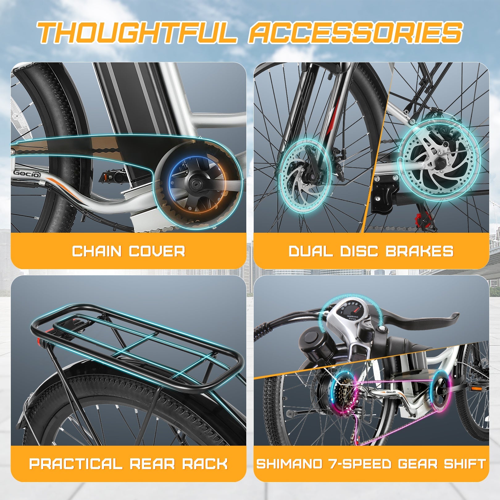 Gocio 26 in. Electric Bicycle 500W Electric Hybrid Bike, 48V Adjustable City Ebike for Adults, Suspension Fork, Max 19.8MPH, 7 Speed Gears Electric Commuter Bike for Men and Women, UL2849 - GOCIO