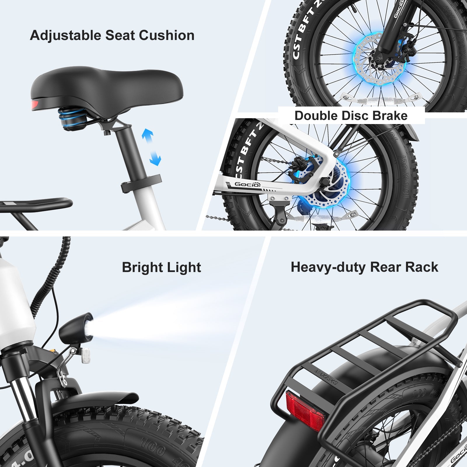 Gocio Electric Bike for Adults, Peak 1025W Mountain E Bike, 48V 13AH Removable Lithium-Ion Battery Ebikes, 20"x4.0" Fat Tire Electric Bicycles, 3A Fast Charge, up to 60 Miles Man Woman UL2849 - GOCIO