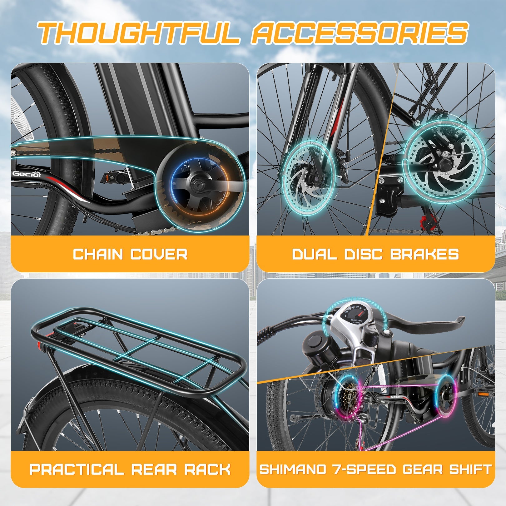 Gocio 26 in. Electric Bicycle 500W Electric Hybrid Bike, 48V Adjustable City Ebike for Adults, Suspension Fork, Max 19.8MPH, 7 Speed Gears Electric Commuter Bike for Men and Women, UL2849 - GOCIO