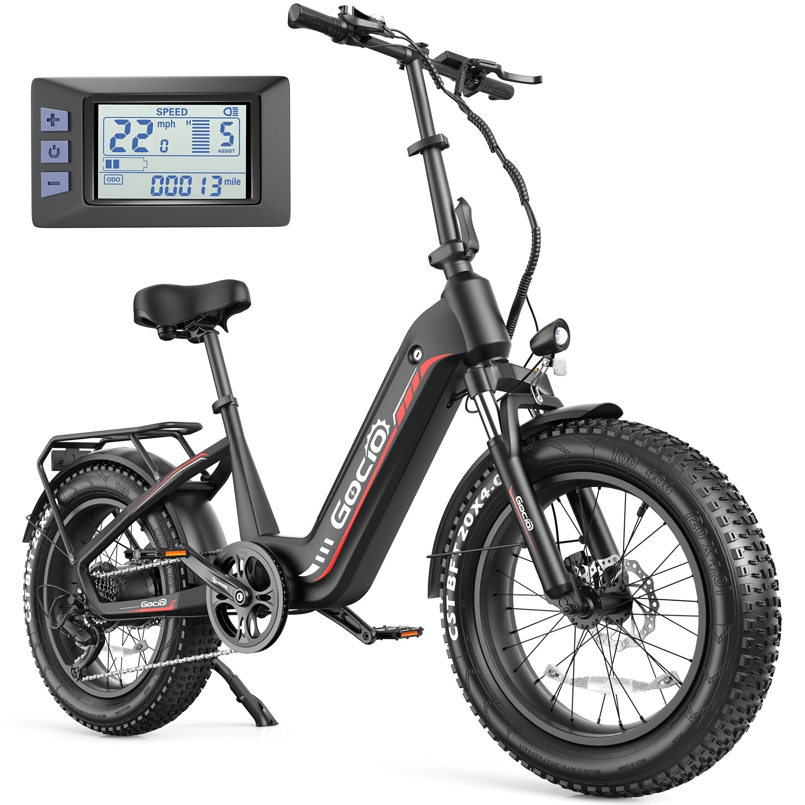Gocio Electric Bike for Adults, Peak 1025W Mountain E Bike, 48V 13AH Removable Lithium-Ion Battery Ebikes, 20"x4.0" Fat Tire Electric Bicycles, 3A Fast Charge, up to 60 Miles Man Woman UL2849 - GOCIO