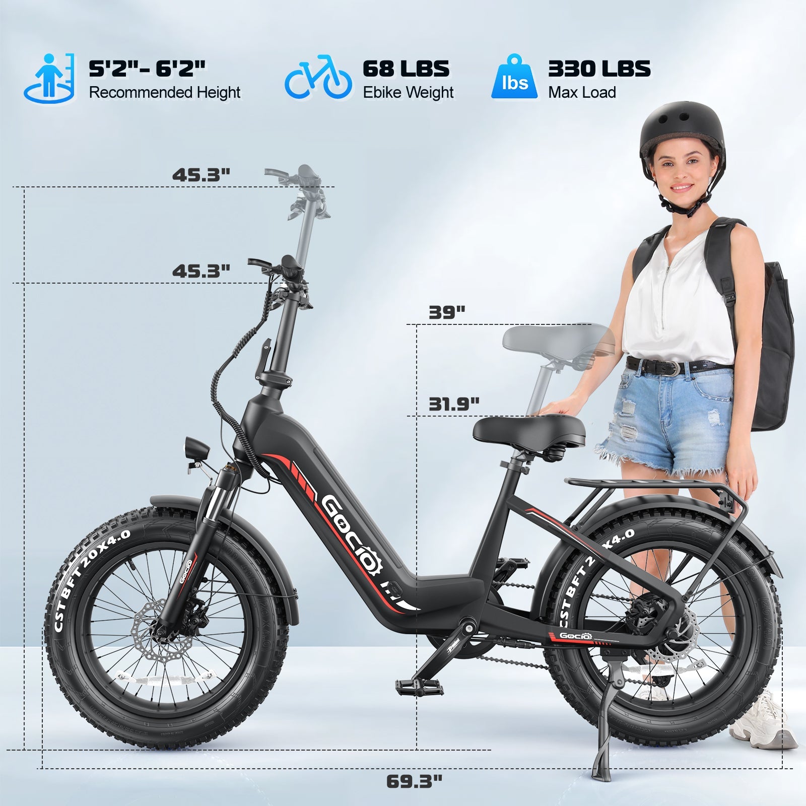 Gocio Electric Bike for Adults, Peak 1025W Mountain E Bike, 48V 13AH Removable Lithium-Ion Battery Ebikes, 20"x4.0" Fat Tire Electric Bicycles, 3A Fast Charge, up to 60 Miles Man Woman UL2849 - GOCIO