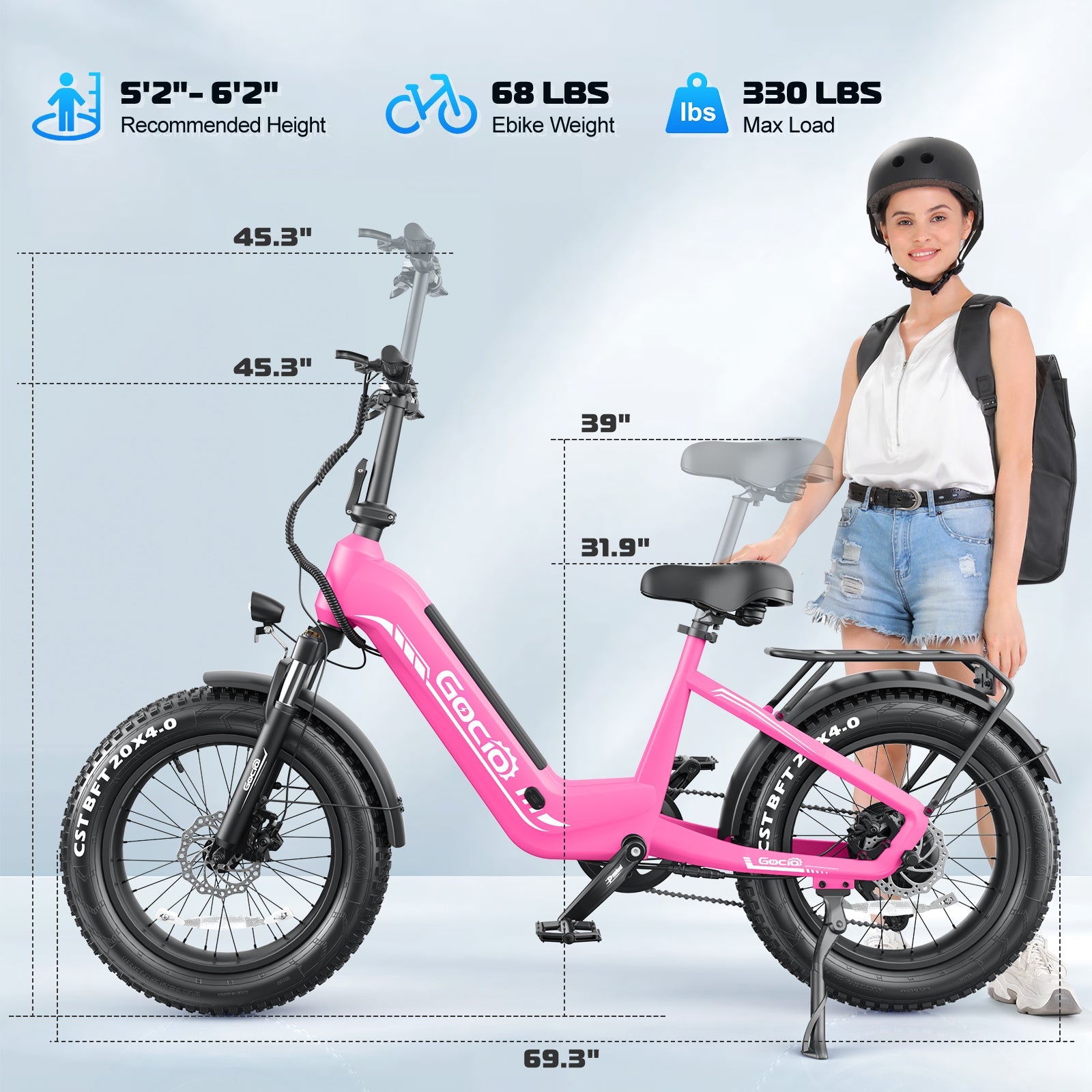 Gocio Electric Bike for Adults, Peak 1025W Mountain E Bike, 48V 13AH Removable Lithium-Ion Battery Ebikes, 20"x4.0" Fat Tire Electric Bicycles, 3A Fast Charge, up to 60 Miles Man Woman UL2849 - GOCIO