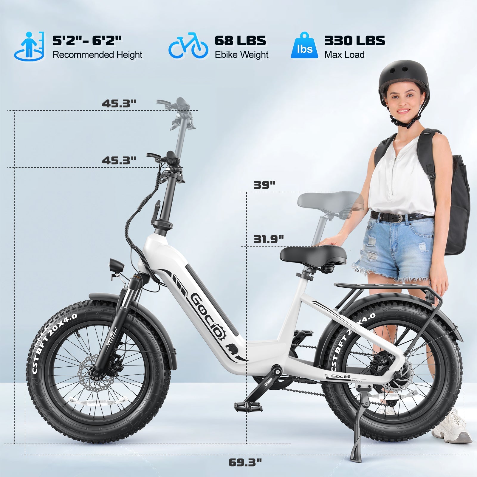 Gocio Electric Bike for Adults, Peak 1025W Mountain E Bike, 48V 13AH Removable Lithium-Ion Battery Ebikes, 20"x4.0" Fat Tire Electric Bicycles, 3A Fast Charge, up to 60 Miles Man Woman UL2849 - GOCIO