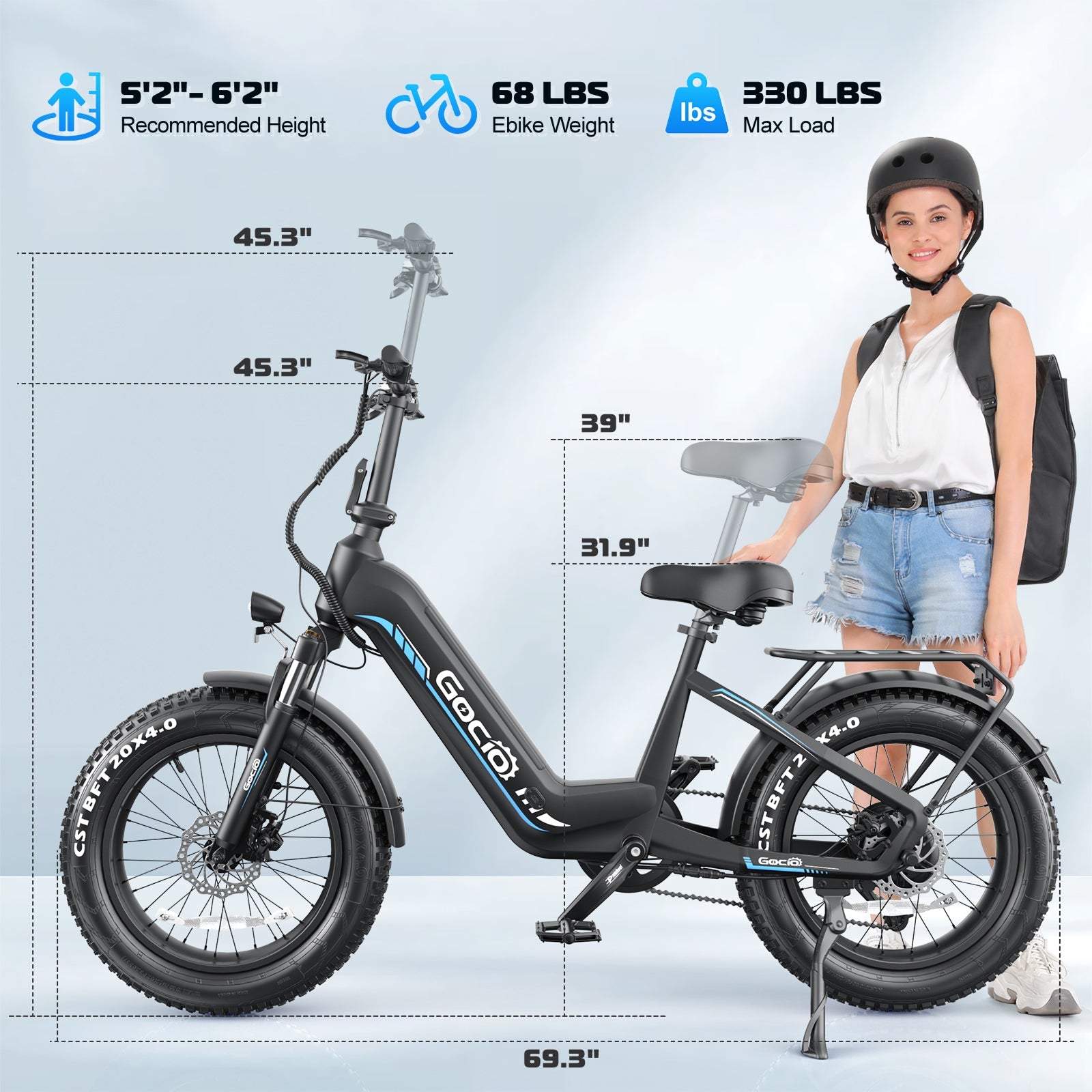 Gocio Electric Bike for Adults, Peak 1025W Mountain E Bike, 48V 13AH Removable Lithium-Ion Battery Ebikes, 20"x4.0" Fat Tire Electric Bicycles, 3A Fast Charge, up to 60 Miles Man Woman UL2849 - GOCIO