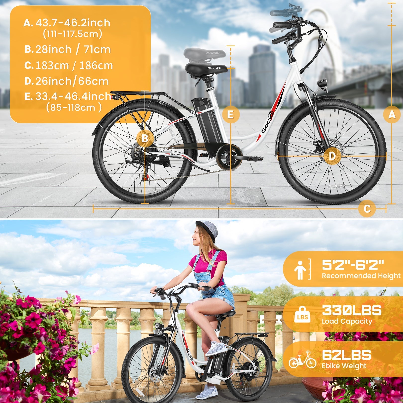 Gocio 26 in. Electric Bicycle 500W Electric Hybrid Bike, 48V Adjustable City Ebike for Adults, Suspension Fork, Max 19.8MPH, 7 Speed Gears Electric Commuter Bike for Men and Women, UL2849 - GOCIO