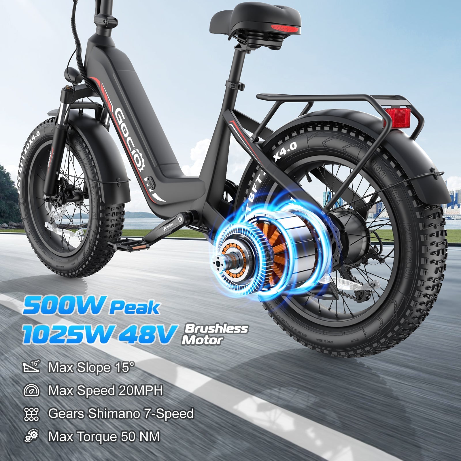 Gocio Electric Bike for Adults, Peak 1025W Mountain E Bike, 48V 13AH Removable Lithium-Ion Battery Ebikes, 20"x4.0" Fat Tire Electric Bicycles, 3A Fast Charge, up to 60 Miles Man Woman UL2849 - GOCIO