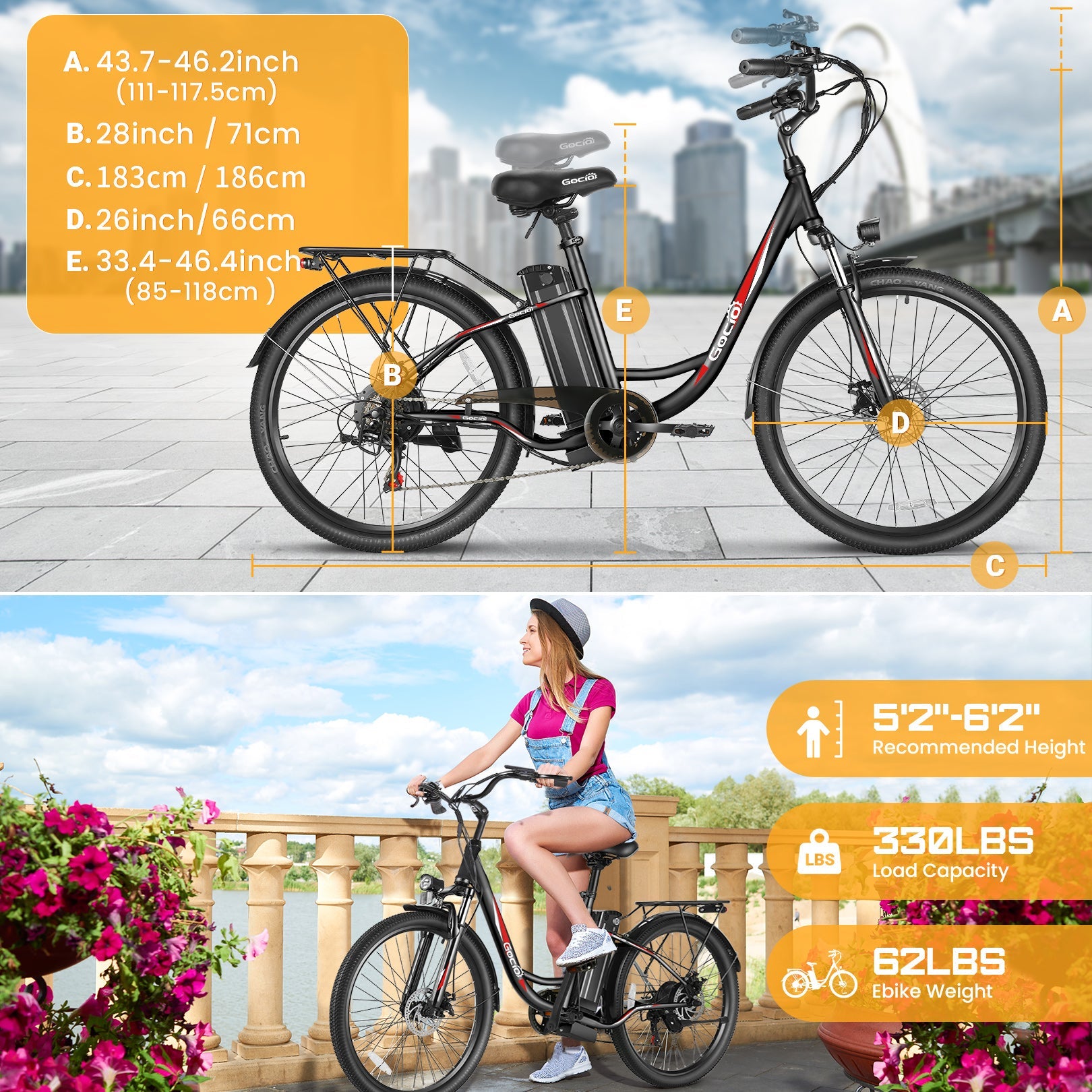 Gocio 26 in. Electric Bicycle 500W Electric Hybrid Bike, 48V Adjustable City Ebike for Adults, Suspension Fork, Max 19.8MPH, 7 Speed Gears Electric Commuter Bike for Men and Women, UL2849 - GOCIO