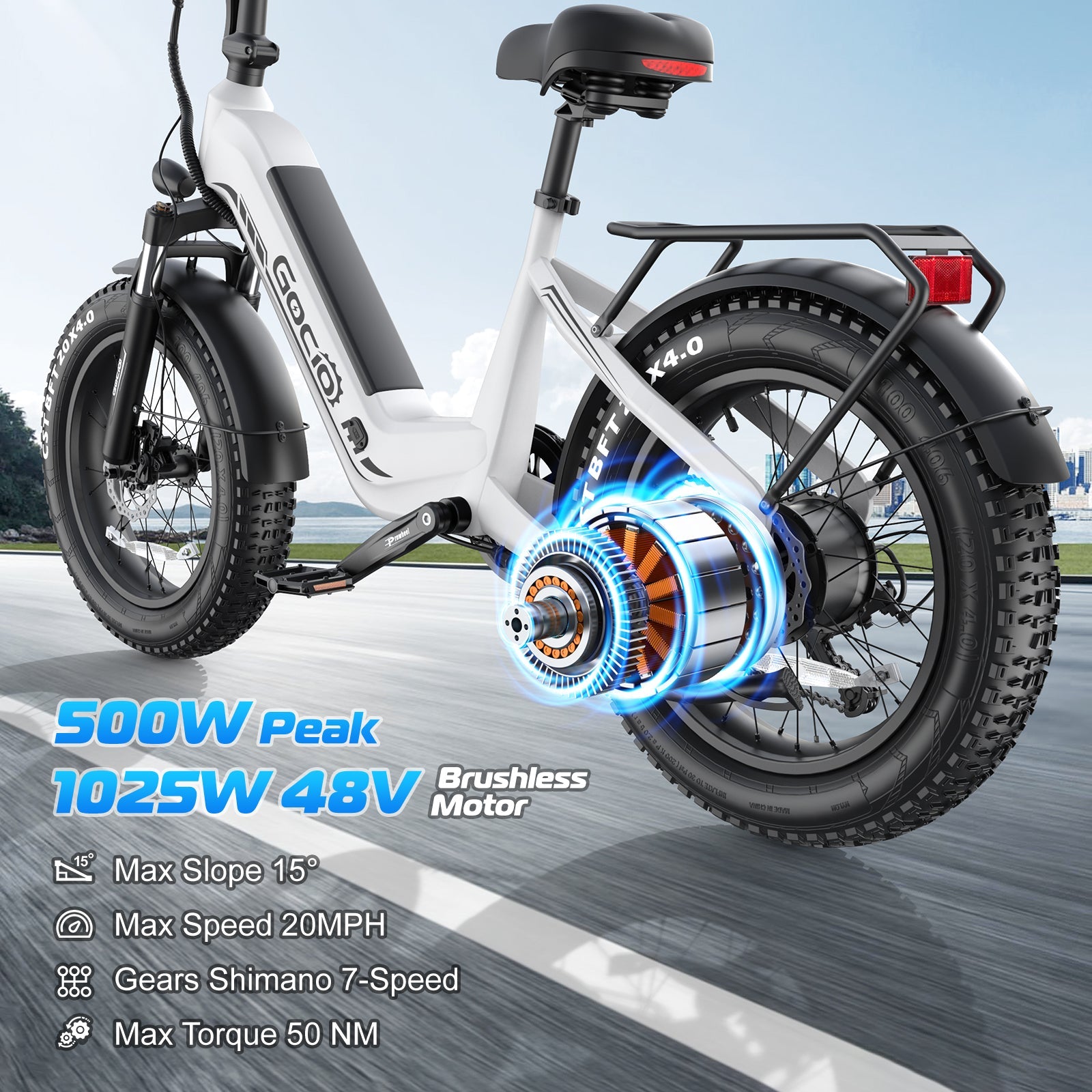 Gocio Electric Bike for Adults, Peak 1025W Mountain E Bike, 48V 13AH Removable Lithium-Ion Battery Ebikes, 20"x4.0" Fat Tire Electric Bicycles, 3A Fast Charge, up to 60 Miles Man Woman UL2849 - GOCIO