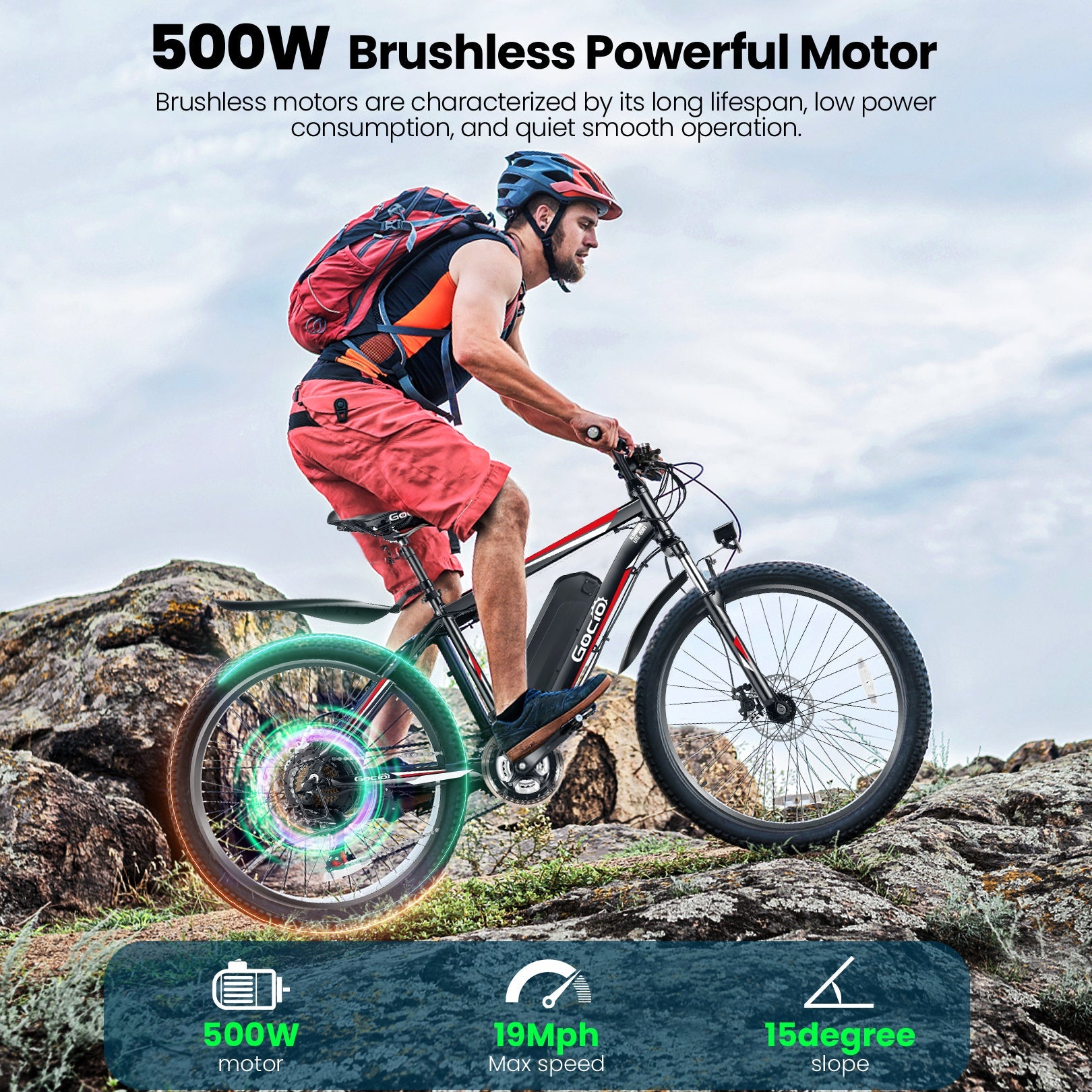 Gocio 500w Electric Bike 26 inch Electric Bicycle for Adults with Cruise Control System Ebike, Mountain Bike with Removable 375Wh Lithium-Ion Battery